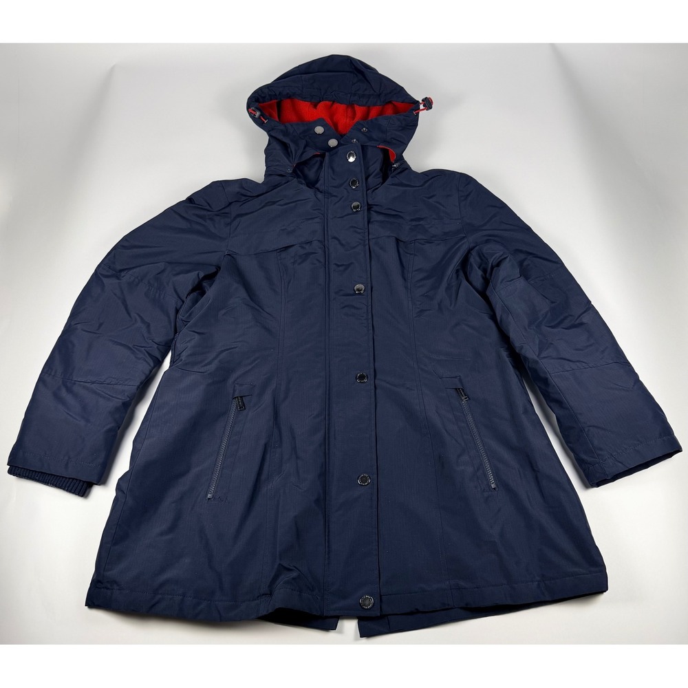 London Fog Mens XL Navy Blue Hooded Parka Jacket Coat Red Fleece Lining 134089